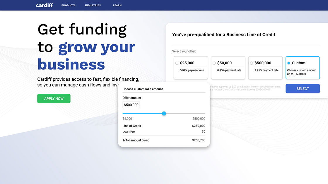 Web dashboard showcasing business loan interest rates and withdrawals for a business line of credit.